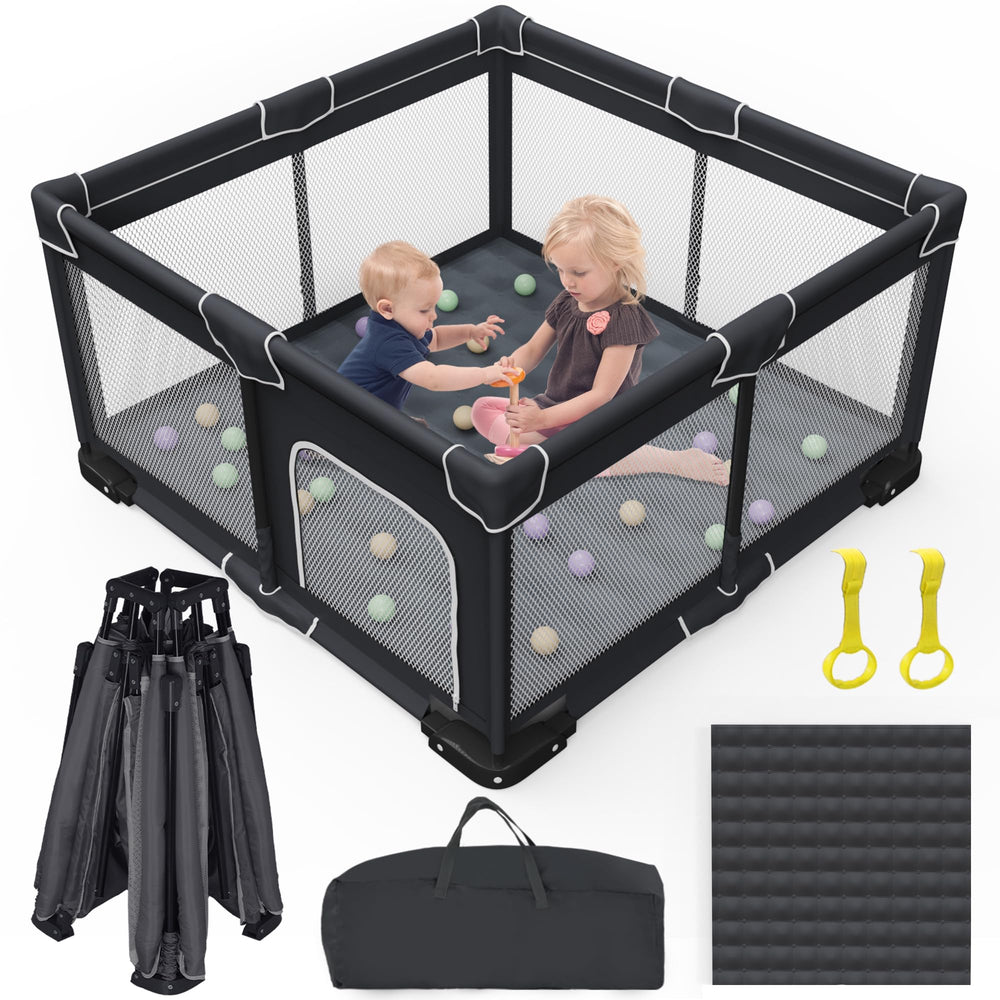 Grobeybees foldable playpen with mat โ portable ready-to-use play space.
