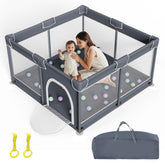 Grobeybees Playpen grey outer view highlights sturdy frame for safe indoor-outdoor use