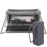 Gromast 2-in-1 travel crib folded in its carry bag for easy transport.