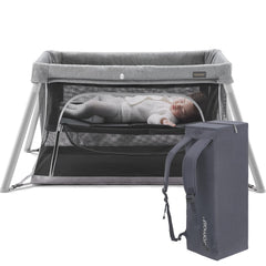 Gromast 2-in-1 travel crib folded in its carry bag for easy transport.