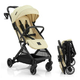 Gromast compact-fold baby stroller demonstrates space-saving design for travel and storage.
