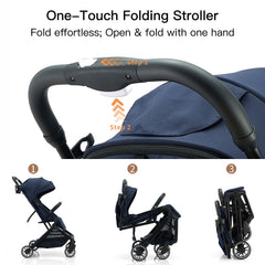 Gromast Compact Fold Stroller fold button demonstrates one-handed fold convenience.