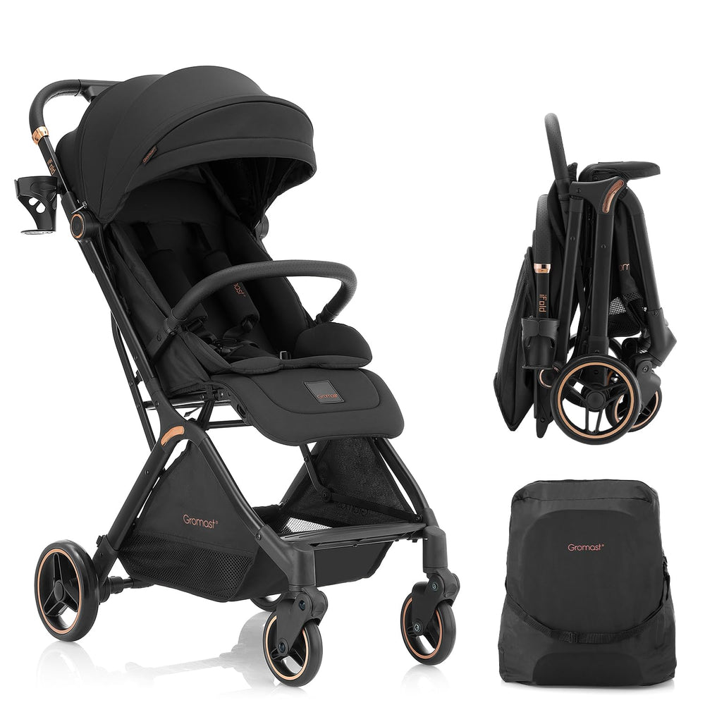 Gromast Gravity folding stroller auto-fold action for quick hands-free setup.