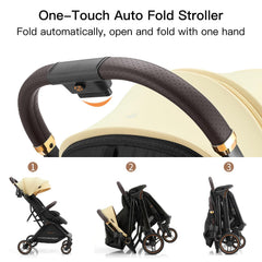 Gromast Gravity stroller folded in self-standing pose for easy storage.