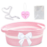Groodo small woven basket pink patchwork with handles, ideal for gift packaging and home storage.