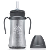 GROSMIMI spill-proof sippy charcoal 10oz shows spill-free drinking for active babies.