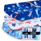 Grow Wild changing pad cover in ocean pattern sits on a nursery table offering a soft, breathable surface.