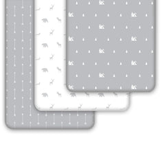 Grow Wild Woodland Gray White crib sheets laid on crib mattress to show fit.