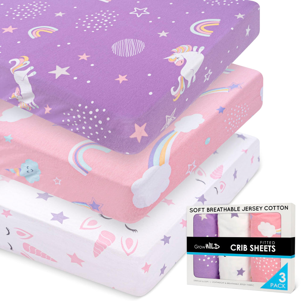 Grow Wild unicorns rainbows pattern crib sheet enhances a girl's nursery