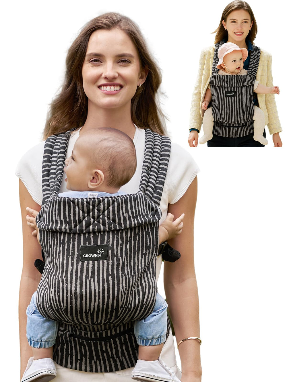 GROWNSY baby carrier head support folded, offering gentle neck protection during cuddles.