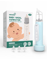 Grownsy nasal aspirator shows five adjustable suction levels for gentle baby nasal care.