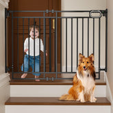 Grownsy no bottom bar gate on stairs with wide opening for easy stroller passage.