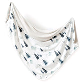 GRSSDER forest pattern baby blanket close-up highlights ultra-soft jersey knit for cozy swaddling