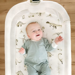GRSSDER Bassinet Sheet care image shows machine washable and dry-cleanable options.