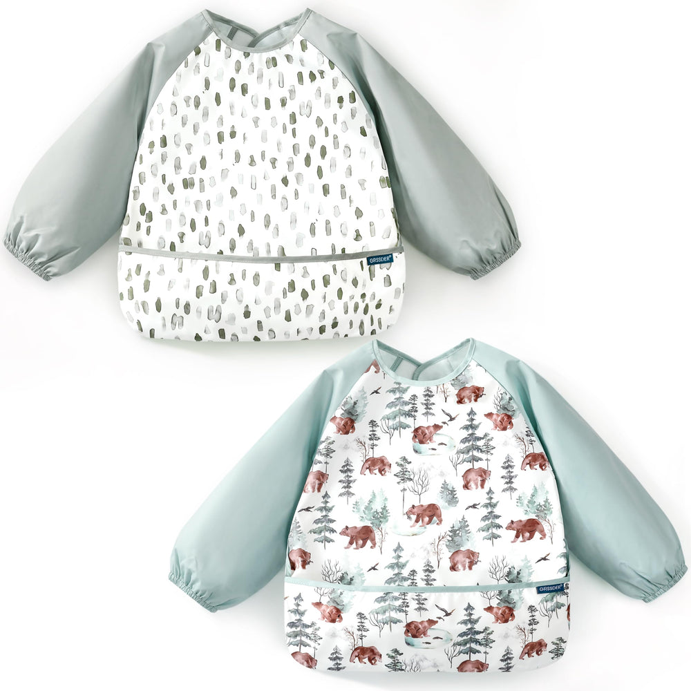 GRSSDER long sleeve baby bib soft material provides gentle skin contact during meals.