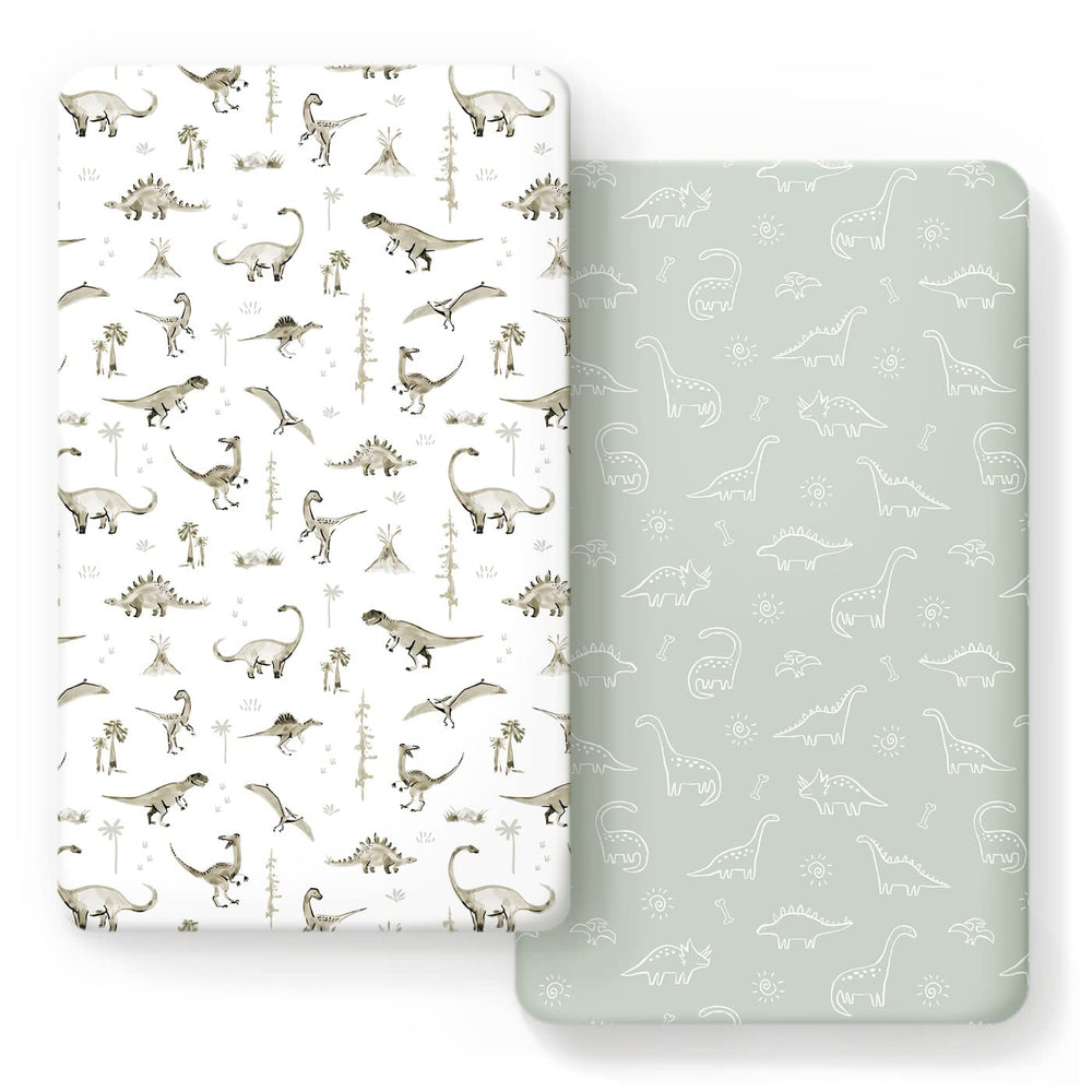 GRSSDER stretch crib sheet featuring the dino pattern fits snugly on standard cribs.