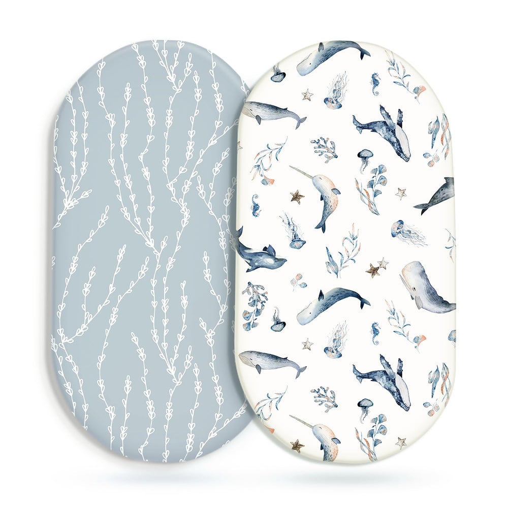 GRSSDER stretchy bassinet sheet 2-pack sea fish print top view for quick secure fit.