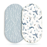 GRSSDER stretchy bassinet sheet 2-pack sea fish print top view for quick secure fit.