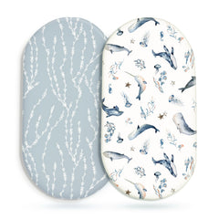 GRSSDER stretchy bassinet sheet 2-pack sea fish print top view for quick secure fit.