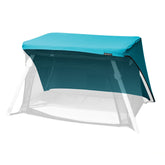 Guava Family Lotus Play Yard FunShade blue assembled, portable shaded play space for baby.