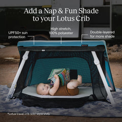 Guava Family Lotus Play Yard FunShade blue folded-compact design shows space savings.