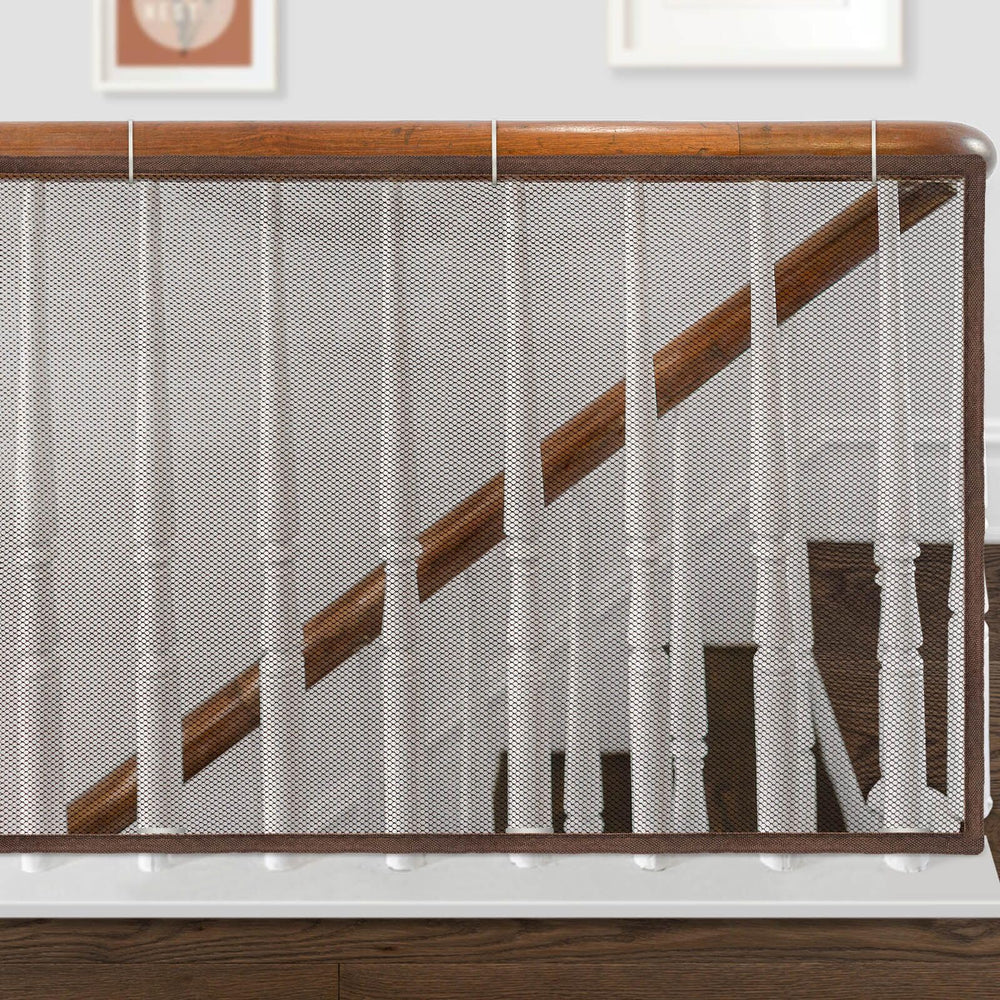 Gudui baby safety stair-railing net in brown, closeup of durable, breathable mesh for child protection.
