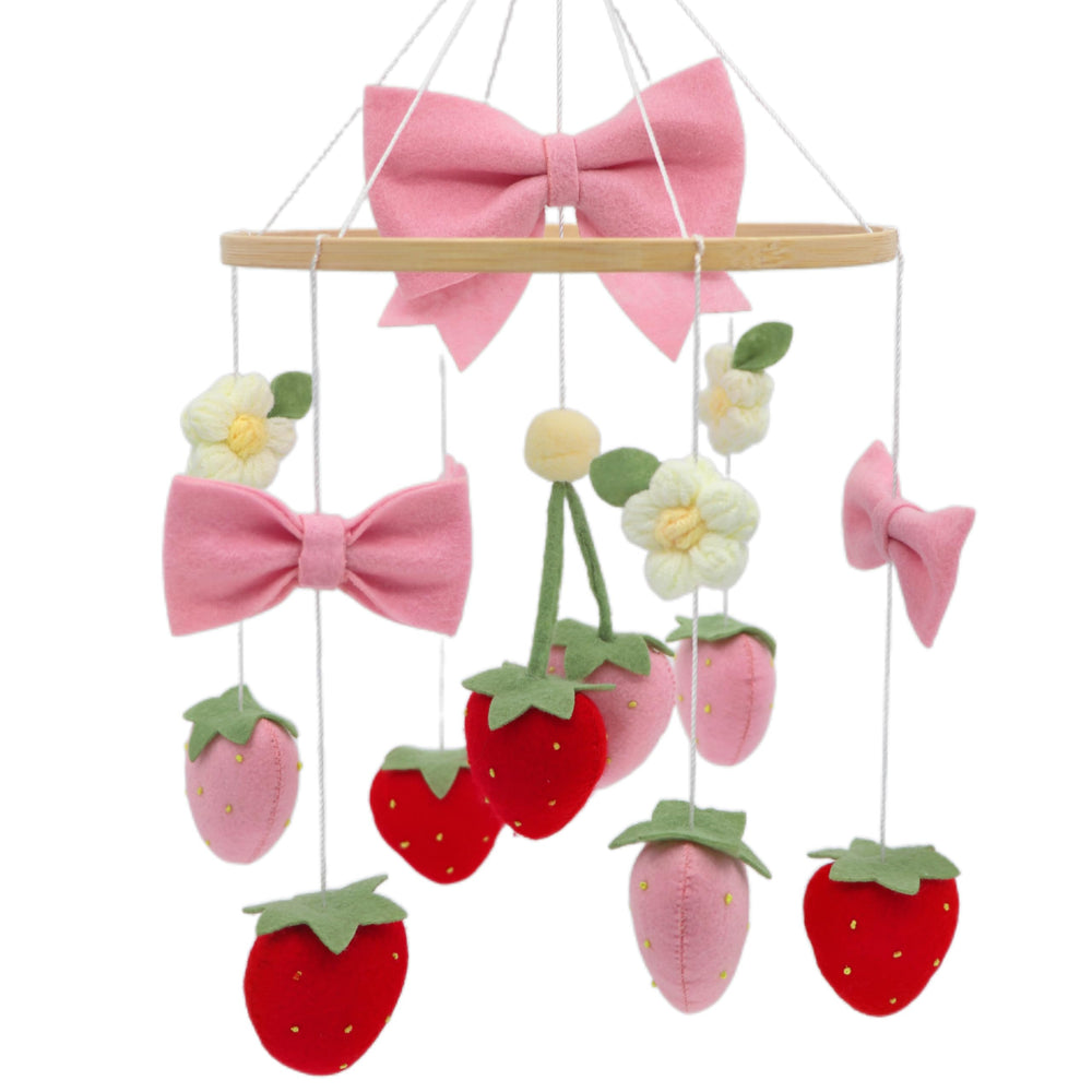 Gueiddi Strawberry Mobile for Crib with bow accents enhances early visual tracking.