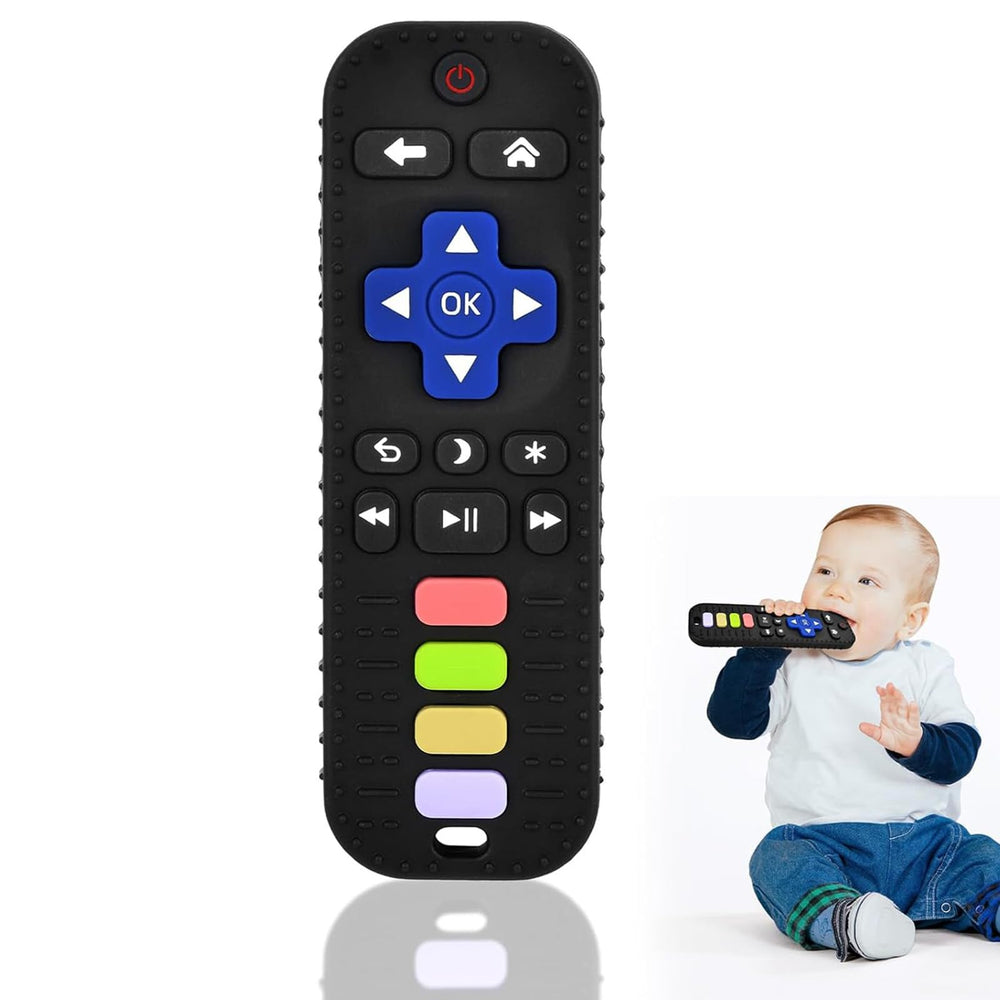 GUIGUZHJ baby teething remote front view; safe silicone soothes gums.