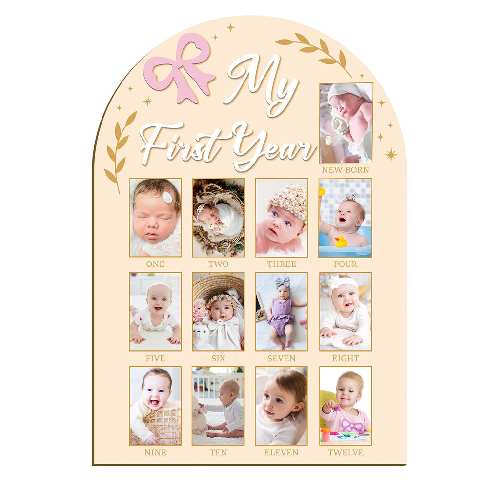 Guiqulai My First Year photo frame showing 12 month spaces for baby milestones and memories