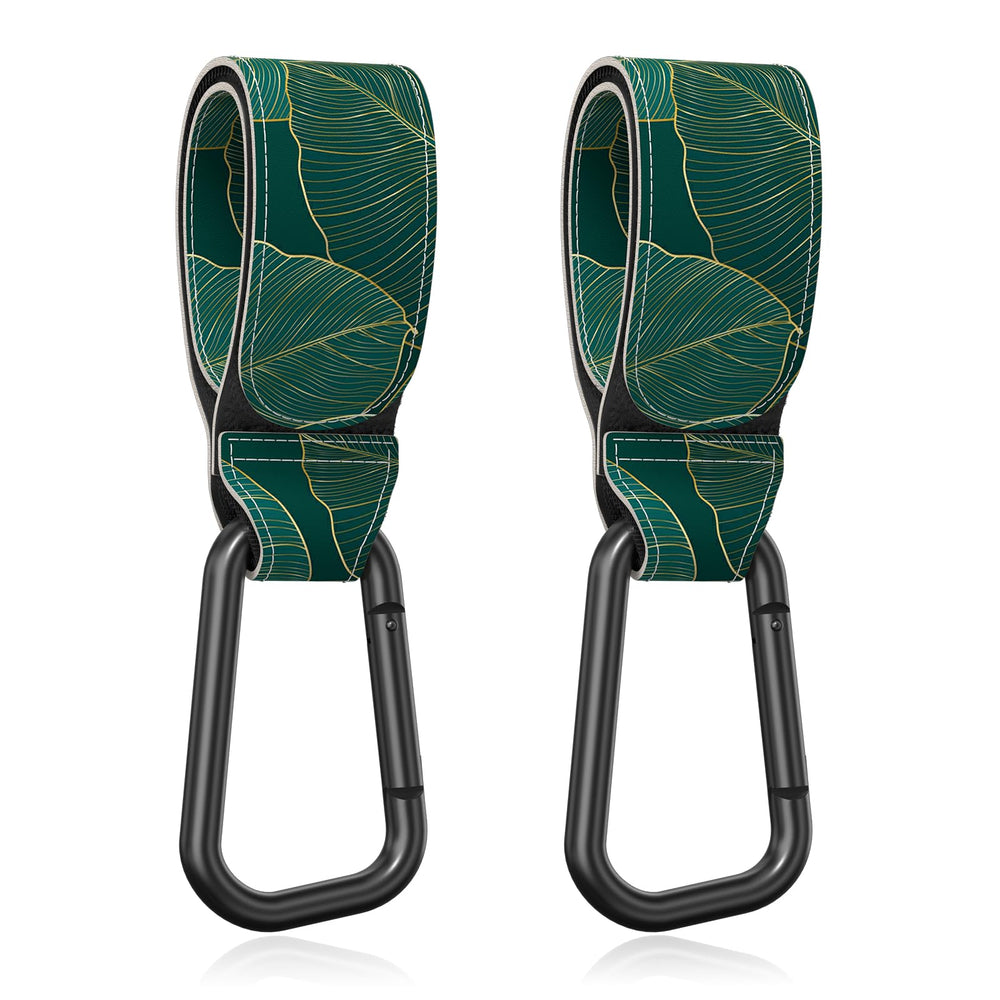 Gukeniu stroller hook close-up showing the green-leaf strap for hands-free bag handling.