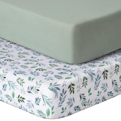GUNTAIL leaf-green crib sheet on mattress shows a snug, secure fit.