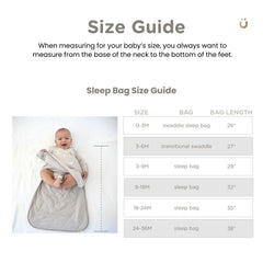 GUNAMUNA Swaddle Sleep Sack Woof worn by sleeping baby illustrating grow-with-me design