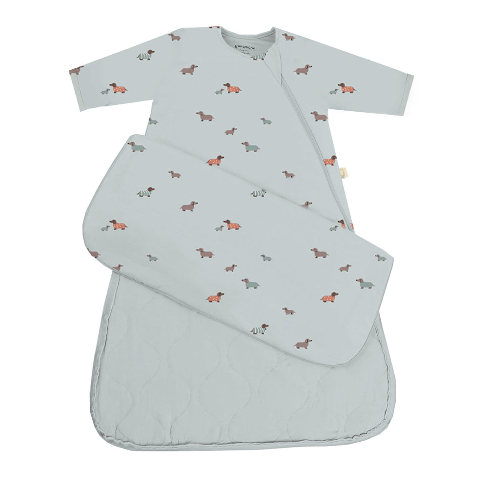 GUNAMUNA Woof sleep sack front view with wearable design and full-length zipper.