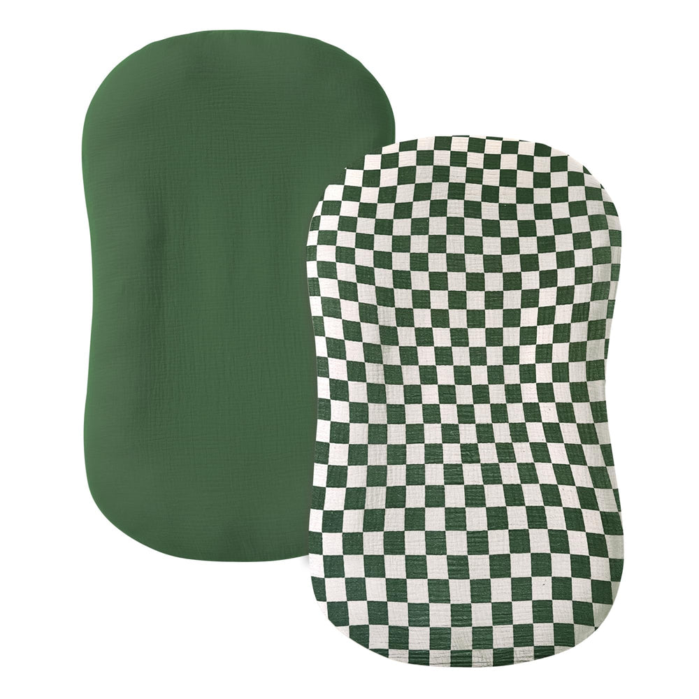 Guruixu Muslin baby lounger cover olive check closeup shows breathable fabric for baby comfort