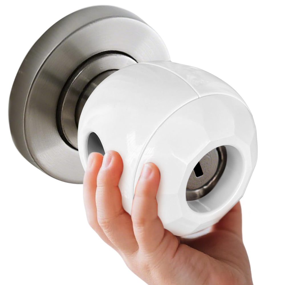 GXXFXT child-proof door knob covers 4-pack installed on a standard knob for kid safety.