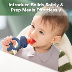 Haakaa feeder pouch detail highlights fine holes for controlled bite sizes during self-feeding.
