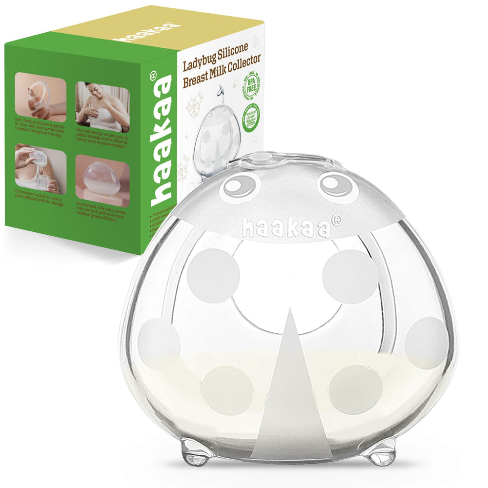 haakaa Ladybug Milk Collector on bra offers discreet wear and leak protection.