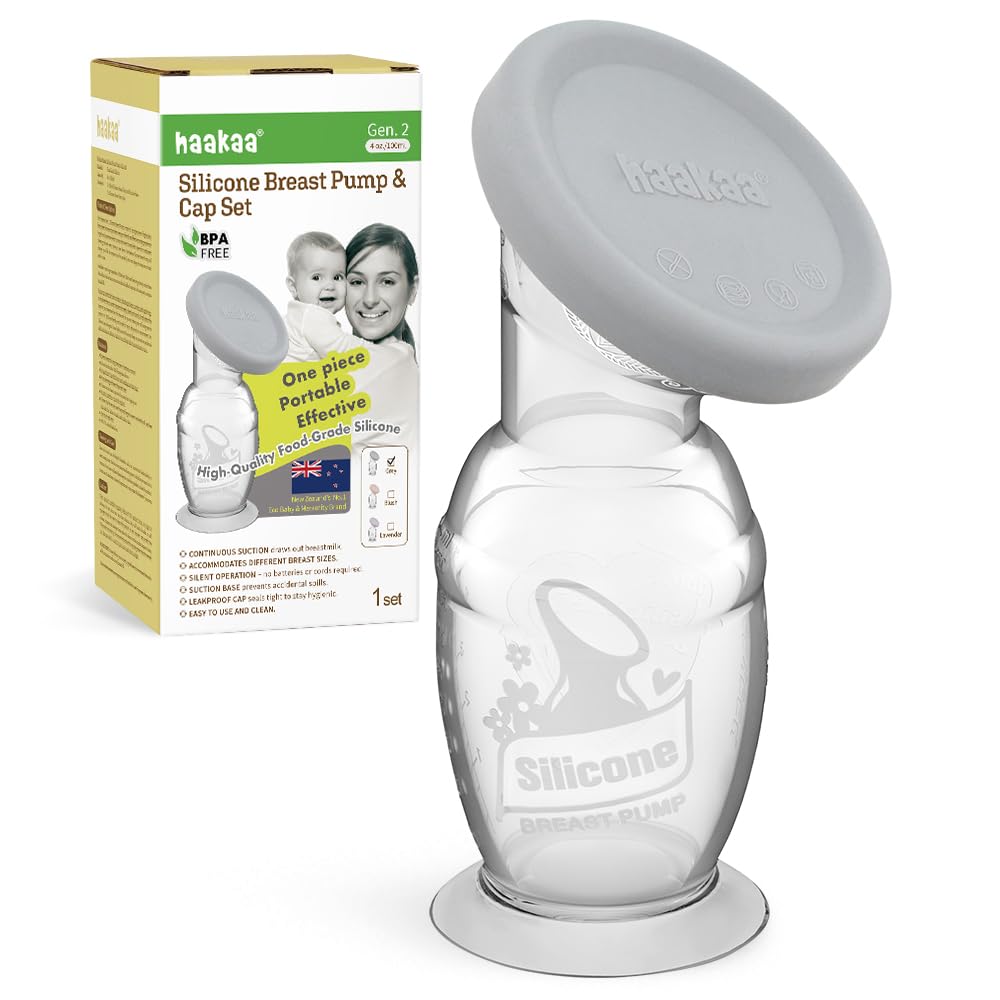 haakaa manual breast pump gray base enables hands-free milk collection.