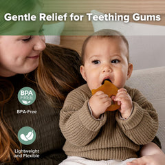 haakaa owl teether in hand demonstrates easy grip for small hands