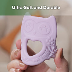 haakaa owl teether texture closeup highlights bumps for gum massage and exploration.