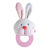 HABA Bunny Teether with dimpled ring eases teething discomfort.