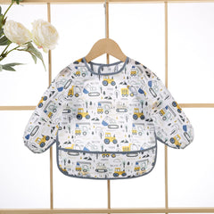 Hafftnun baby long sleeve waterproof bib worn by toddler showcases comfortable neck and secure back closure