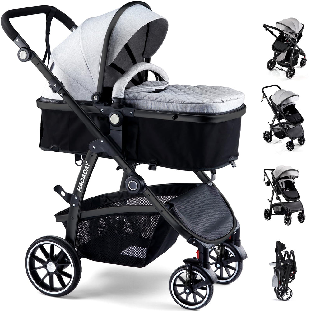 Hagaday baby stroller in 2-in-1 mode shows versatile seating for newborns and toddlers.