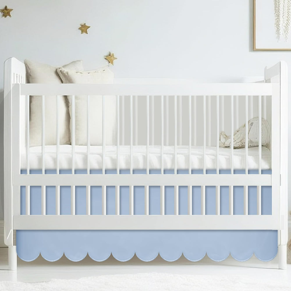Hahafelt blue scalloped crib skirt fits standard cribs, elevating nursery aesthetics