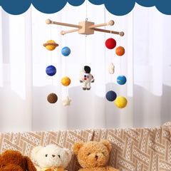 Hahafelt Space Nursery Mobile bright colors support color recognition and engagement.