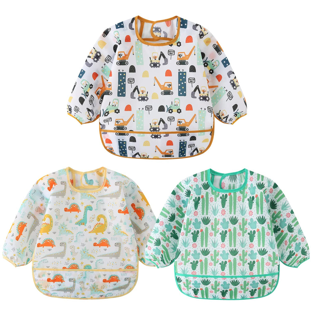 HaimoBurg long-sleeves baby bib close-up shows soft waterproof fabric for mess-free meals.