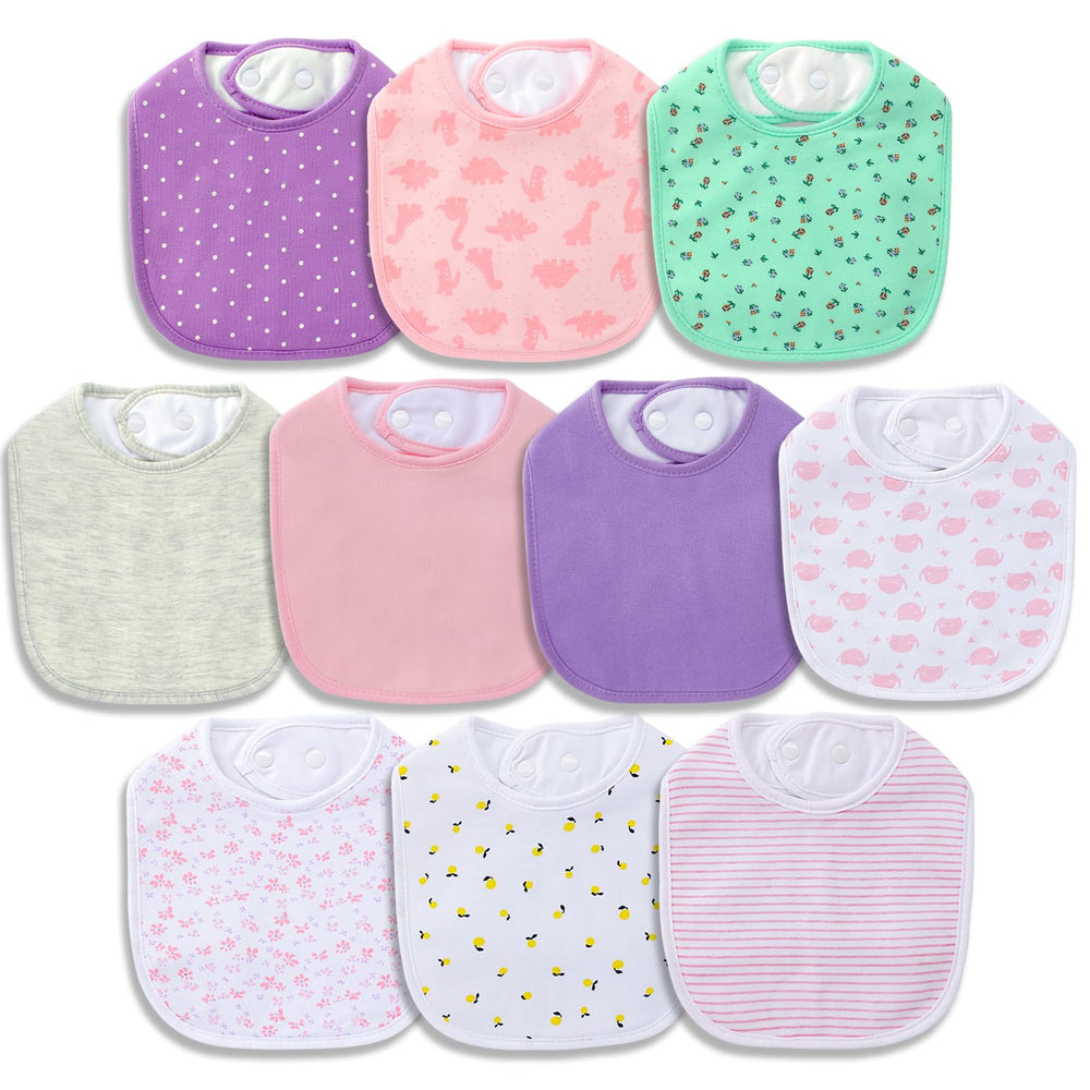 Hakochia bib front view highlighting soft organic cotton and waterproof protection for drool.
