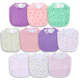 Hakochia bib front view highlighting soft organic cotton and waterproof protection for drool.