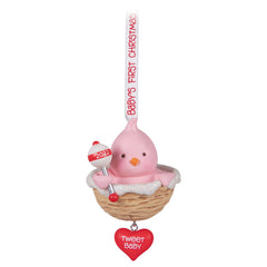 Hallmark Keepsake pink baby bird in a nest ornament captures a first Christmas memory.