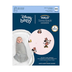 HALO Minnie Fun 3-way adjustment demonstrates versatile swaddle options for newborn soothing.